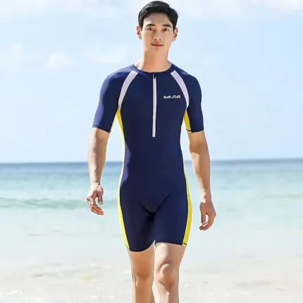 Men's Rash Guard Dive Skin Suit Patchwork UV Sun Protection Quick Dry Lightweight Short Sleeve Front Zip Surfing Diving Snorkeling Summer - Image 3