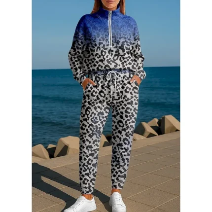 Women's Sweatshirt Tracksuit 2 Piece Tracksuit Baggy Leopard Clothing Suit Fall Royal Blue Vocation Outdoor Travel Lightweight Fashion Long Sleeve Sport Activewear Micro-elastic Regular Fit - Image 2