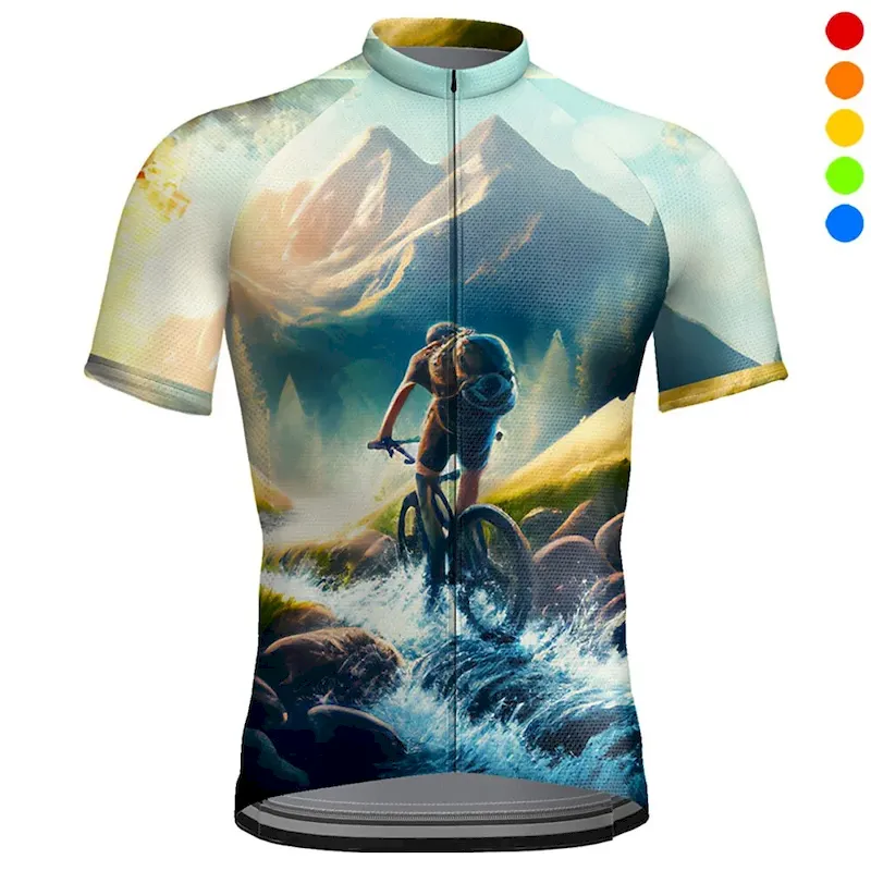 blofiw1689590702100.webp Men's Cycling Jersey Graphic Short Sleeve Bike Jersey Top with 3 Rear Pockets Mountain Bike MTB Road Bike Cycling Quick Dry Reflective Strips Back Pocket Moisture Wicking Sports Yellow Blue Dark Green - Image 1
