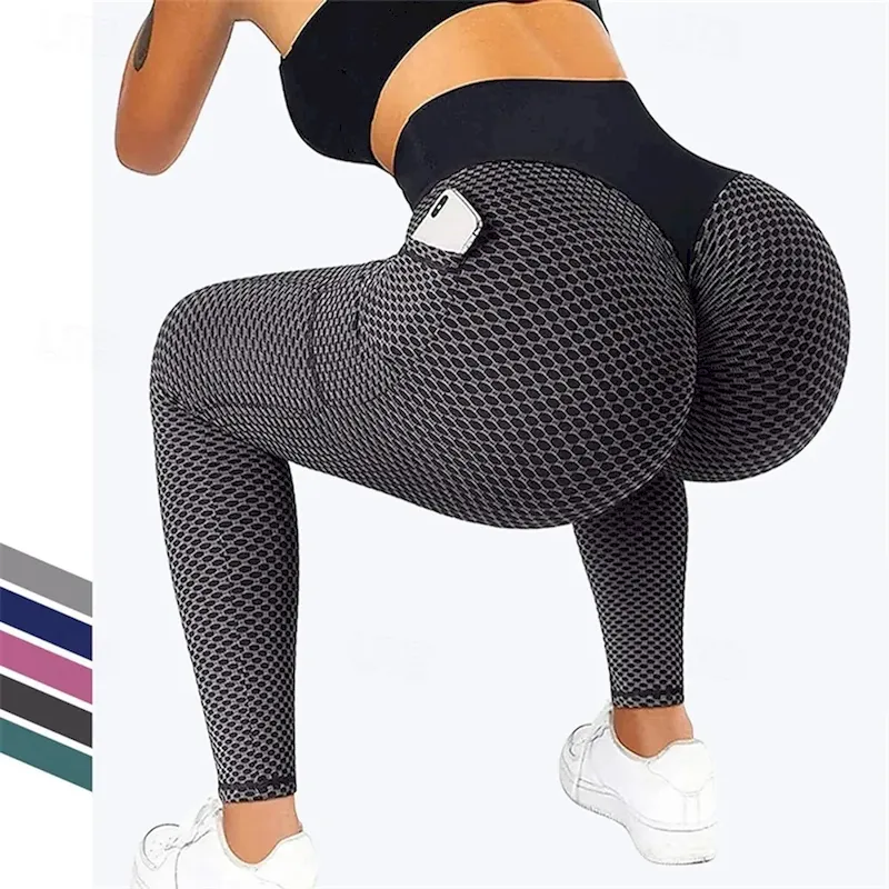 csgfnm1722393058452.webp Women's Yoga Pants Yoga Leggings Pocket Elastic Waistband High Waist Pilates Gym Workout Workout Tights Honeycomb Black Green Rose Red Sports Activewear Stretchy Slim - Image 1