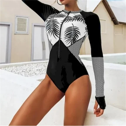 Women's Rash Guard One Piece Swimsuit Floral Tropical UV Sun Protection UPF50+ Quick Dry Spandex Long Sleeve Bathing Suit Front Zip Surfing Beach Water Sports Summer - Image 3