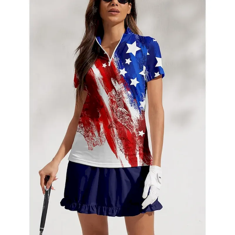 dmtvku1712730651577.webp Women's Golf Polo Shirt Red Short Sleeve Top Ladies Golf Attire Clothes Outfits Wear Apparel American Flag Golf Shirt - Image 1