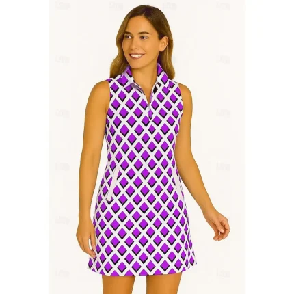 Women's Geometric Tennis Dress Golf Dress Sleeveless Dress Sleeveless Zipper UV Protection Elastic Breathable Tennis Golf Badminton Polo Collar Dress Blue Purple Green Tennis Clothing - Image 3
