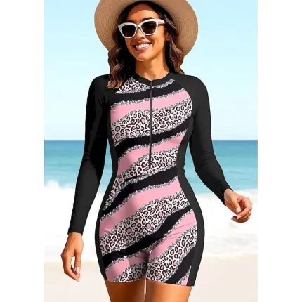 Women's Regular Rash Guard One Piece Surfing Suit Bathing Suit Leopard Stripes Abstract UV Sun Protection UPF50+ Ultra Light (UL) Long Sleeve Zip Up with Built in Bra Removable Pad Surfing Canoeing - Image 5