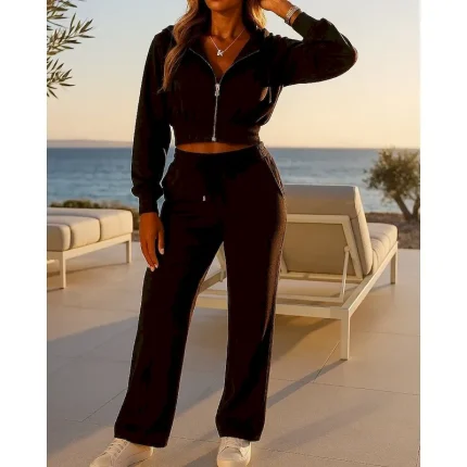 Women's 2 Piece Outfits Lounge Sweatsuit Zip Up Solid Colored Clothing Suit Fall Black Wine Vocation Outdoor Travel Lightweight Fashion Long Sleeve Sport Activewear Micro-elastic Regular Fit - Image 3