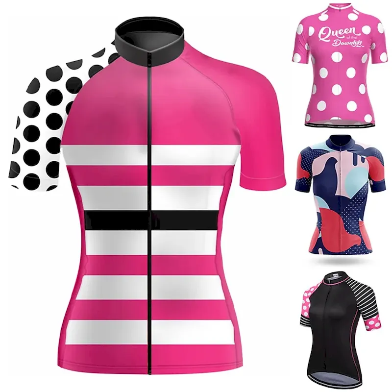 obkqez1673847431309.webp Women's Cycling Jersey Polka Dot Stripes Short Sleeve Bike Top with 3 Rear Pockets Mountain Bike MTB Road Bike Cycling Quick Dry Reflective Strips Back Pocket Moisture Wicking Sports Black Pink Red - Image 1