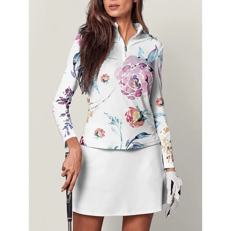 ofrfxz1704439602991.webp Women's Golf Polo Shirt Pink Long Sleeve Sun Protection Top Floral Fall Winter Ladies Golf Attire Clothes Outfits Wear Apparel - Image 1