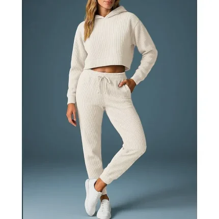 Women's Tracksuit Sweatpants Pullover Sweatshirt Drawstring Hooded Solid Colored Clothing Suit Spring Dark Grey Black Gym Outdoor Running High Waist Windproof Lightweight Long Sleeve Sport Activewear - Image 5