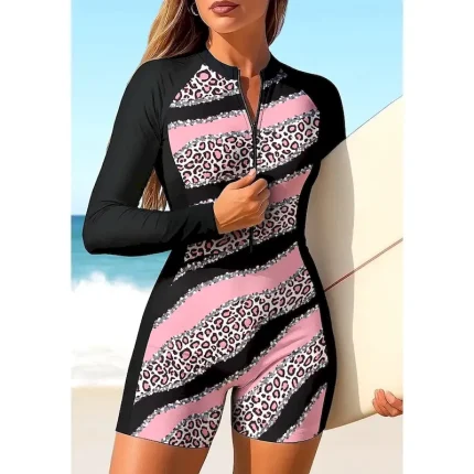 Women's Regular Rash Guard One Piece Surfing Suit Bathing Suit Leopard Stripes Abstract UV Sun Protection UPF50+ Ultra Light (UL) Long Sleeve Zip Up with Built in Bra Removable Pad Surfing Canoeing - Image 4