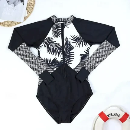 Women's Rash Guard One Piece Swimsuit Floral Tropical UV Sun Protection UPF50+ Quick Dry Spandex Long Sleeve Bathing Suit Front Zip Surfing Beach Water Sports Summer - Image 5