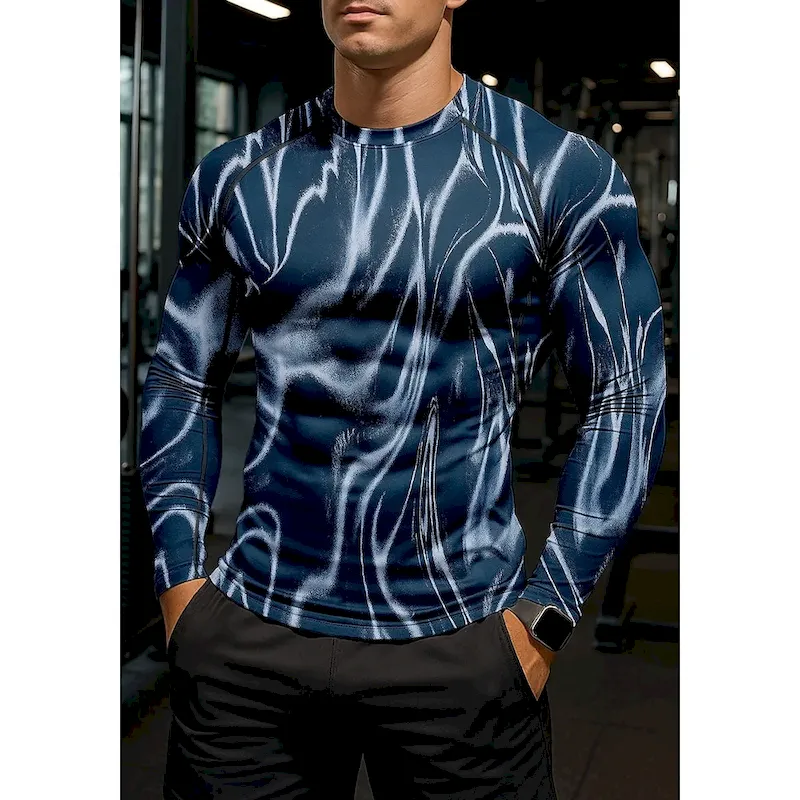 vohimu1758190172571.webp Men's Compression Shirt Running Shirt 3D Print Long Sleeve Base Layer Striped Quick Dry Compression Power Flex Moisture Wicking Gym Workout Active Training Exercise Sportswear Activewear Blue - Image 1