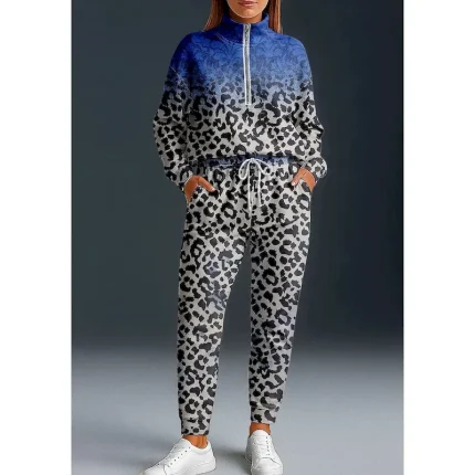 Women's Sweatshirt Tracksuit 2 Piece Tracksuit Baggy Leopard Clothing Suit Fall Royal Blue Vocation Outdoor Travel Lightweight Fashion Long Sleeve Sport Activewear Micro-elastic Regular Fit