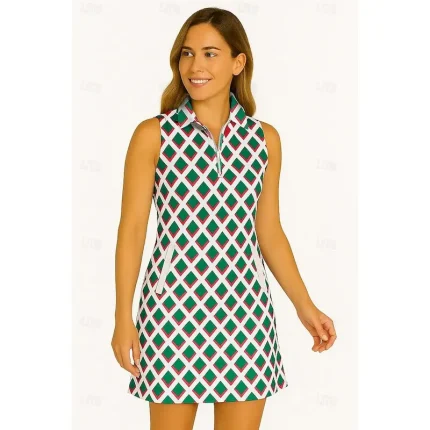 Women's Geometric Tennis Dress Golf Dress Sleeveless Dress Sleeveless Zipper UV Protection Elastic Breathable Tennis Golf Badminton Polo Collar Dress Blue Purple Green Tennis Clothing - Image 4